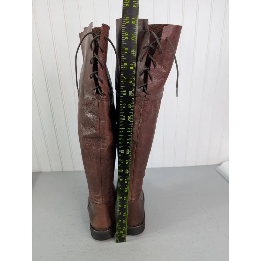 Steve Madden Omegaa Knee High Leather Boots‎ Womens Sz 8 Brown Lace Up Back Boho
